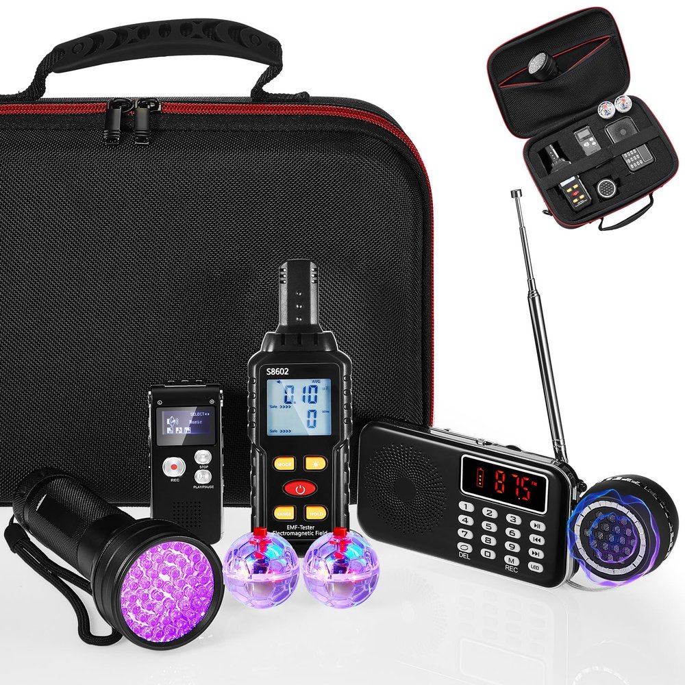 Dunzy 8 Pcs Ghost Hunting Equipment Kit, Include 1 Emf Meter 1 Spirit Ghost Hunting Research Case 1 Voice Recorders 1 Flashlight 1 Speaker 2 Motion Light up Cat Balls and 1 Fm Radio(Emf Meter 3)