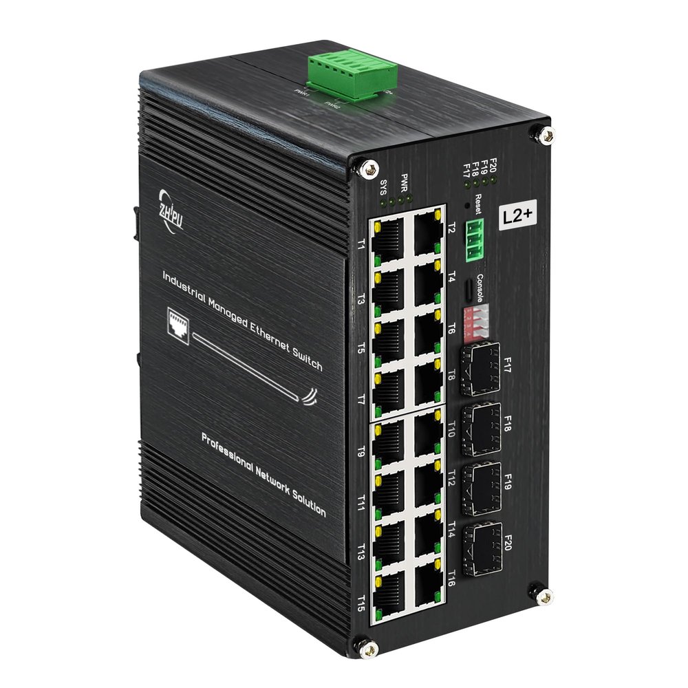 16-Port Gigabit Network Switch with 4 SFP Slot, L2+ Managed PoE Ethernet Switch, Support IEEE802.3af/at, Ring Network, VLAN, STP/RSTP, Plug and Play, Din Rail Installation