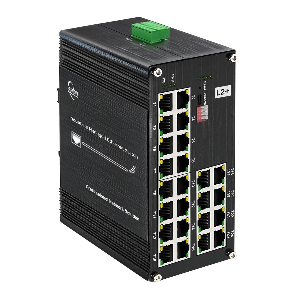 24-Port Gigabit Network Switch, L2+ Managed PoE Ethernet Switch, Support IEEE802.3af/at, Ring Network, VLAN, IPv4/IPv6 Management, Plug and Play, Din-Rail Design