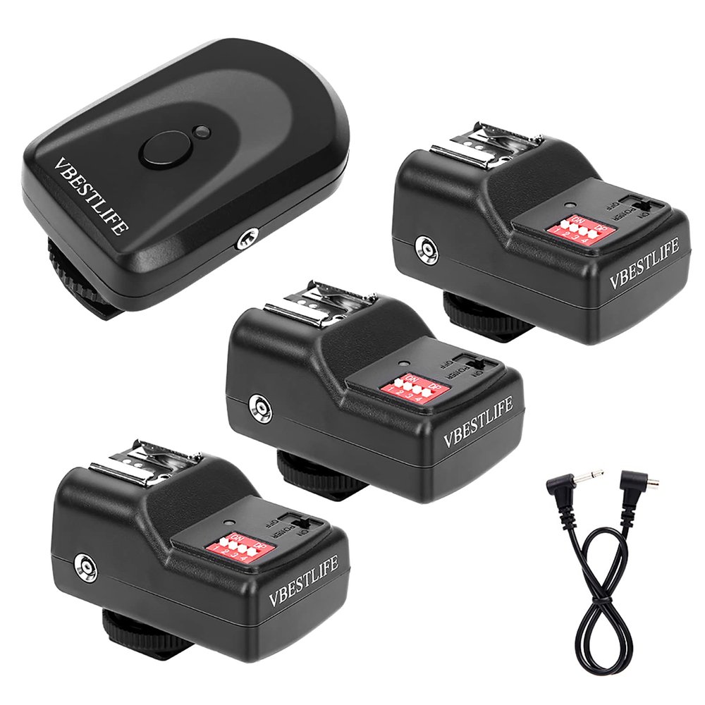 Cordless Flash Trigger Transmitter and Receiver Set, 16 Channel Cordless Remote Trigger with 1 Transmitter 3 Receivers 1 Sync Wire Cable
