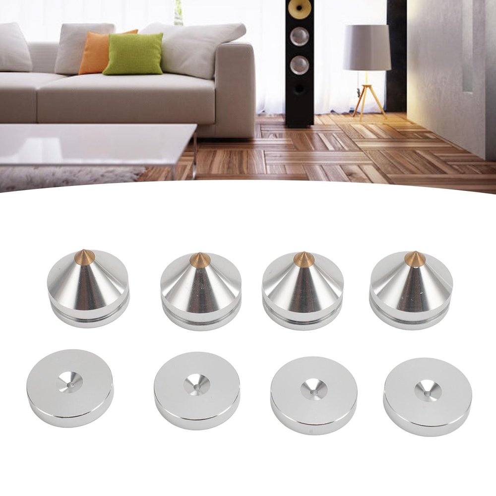 Premium Speaker Isolation Feet: Aluminum Alloy Vibration Absorber Spikes, HiFi Audio Equipment Accessories, for CD, DVD Players, Amplifiers and More, 4 Pack (Silver)