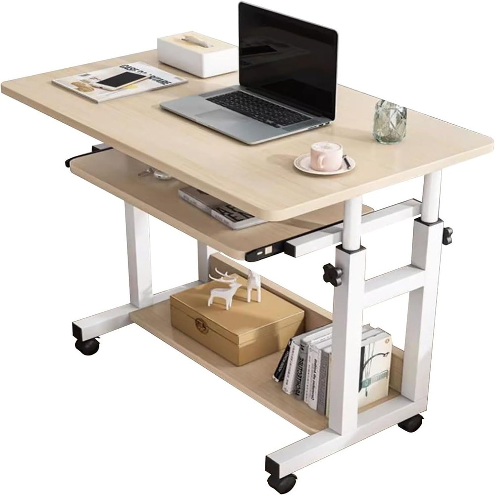 NMZHXI Computer Desk, Mobile Standing Desk,Portable Sofa Side Table,Adjustable Height Laptop Table with Keyboard Tray&Storage Shelves,for Home,Office(Natural,60cm)