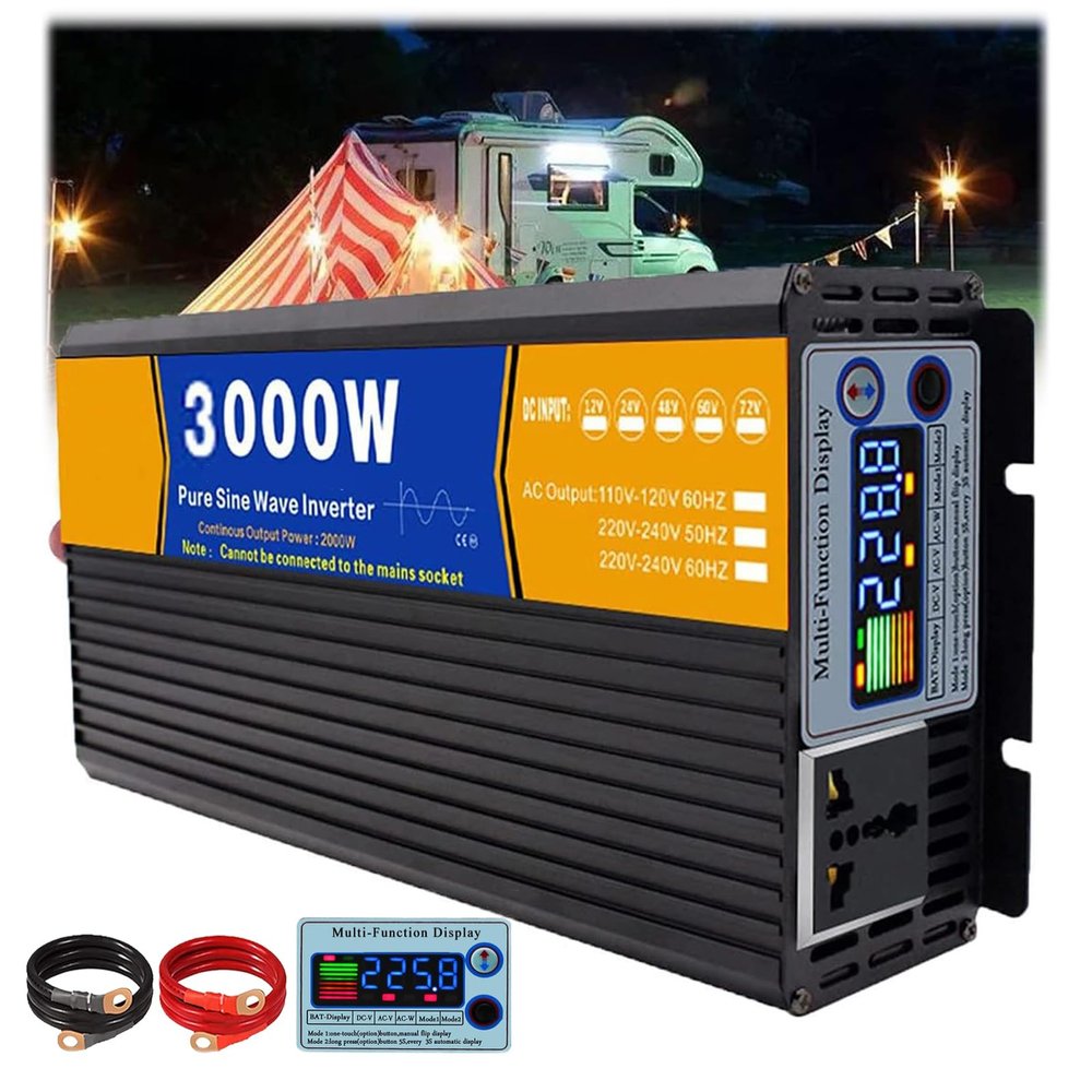 HENGJINGTR Upgraded 3000/5000W Watt Pure Sine Wave Power Inverter 12V 24V 48V 60V 72V DC to 110V 220V AC Car Converter to Outlet Adapter with LCD Display,3000w,60V to 220V