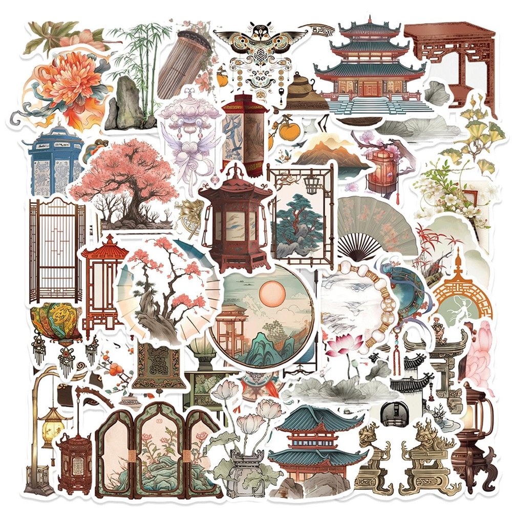 100 Pcs Ancient Chinese Culture StickersTraditional Chinese Architectural ArtVinyl Waterproof Decal,Perfect for Kids,Teens,Water Bottle Suitcase Phone Skateboard Guitar Bike Laptop Scrapbook