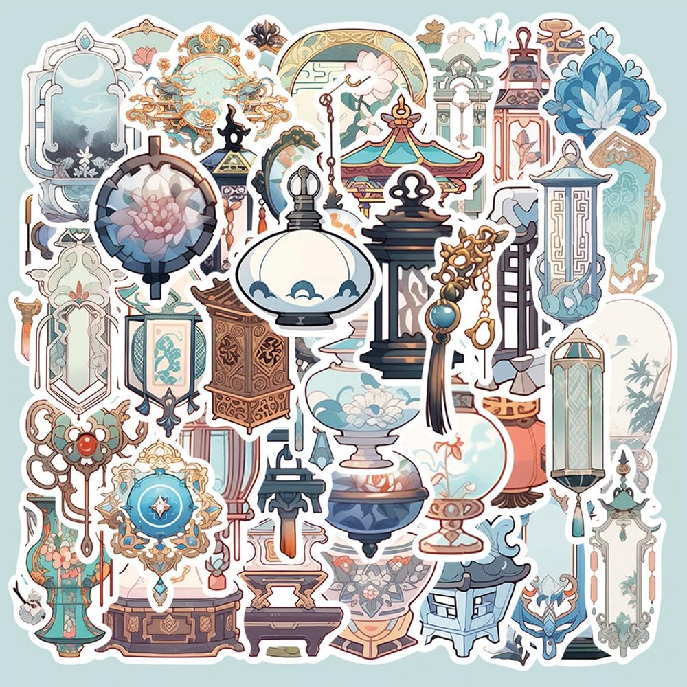 100Pcs Ancient Chinese Culture StickersTraditional Chinese Architectural ArtVinyl Waterproof Decal,Perfect for Kids,Teens,Water Bottle Suitcase Phone Skateboard Guitar Bike Laptop ScrapbookLantern