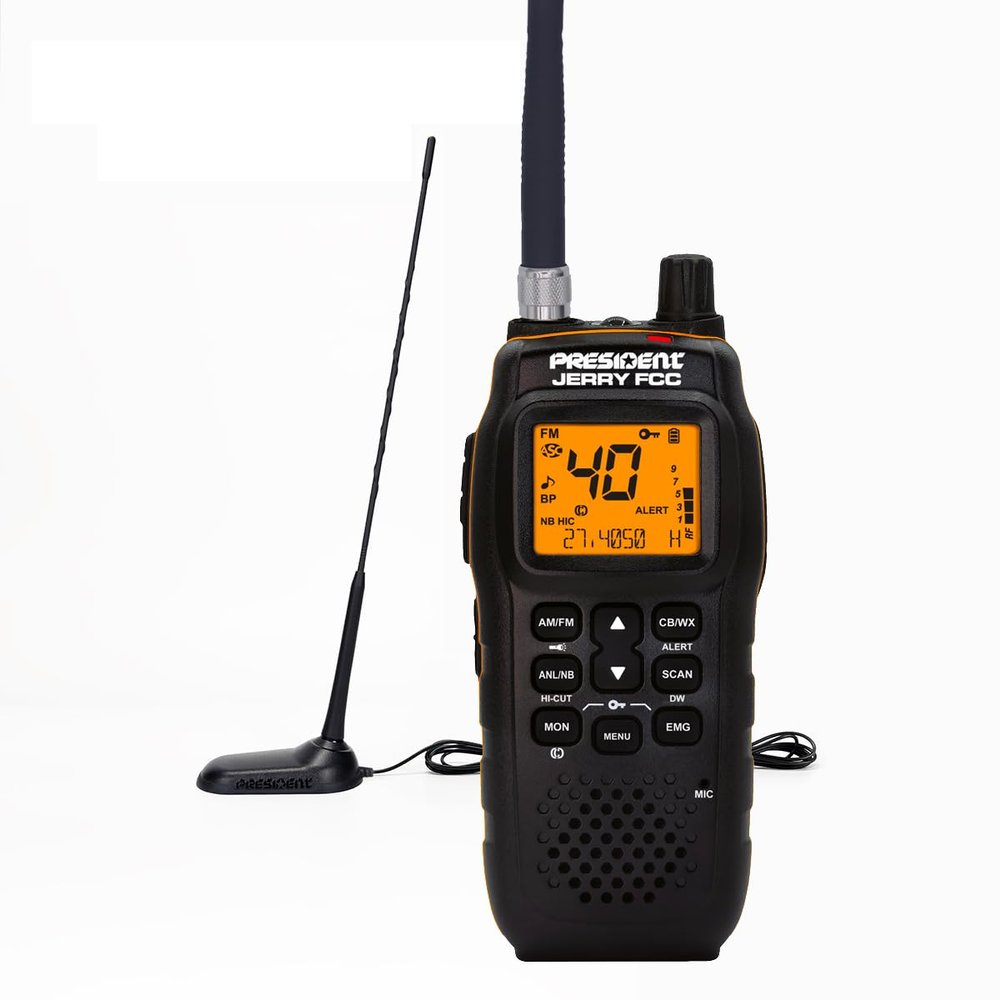 President Road Warrior CB Radio Kit President Jerry AM/FM Handheld CB Radio w/Vehicle Charging System and Virginia F (Fixed Angle) Antenna Bundle, Suitable Communication for Off-Road Enthusiasts.