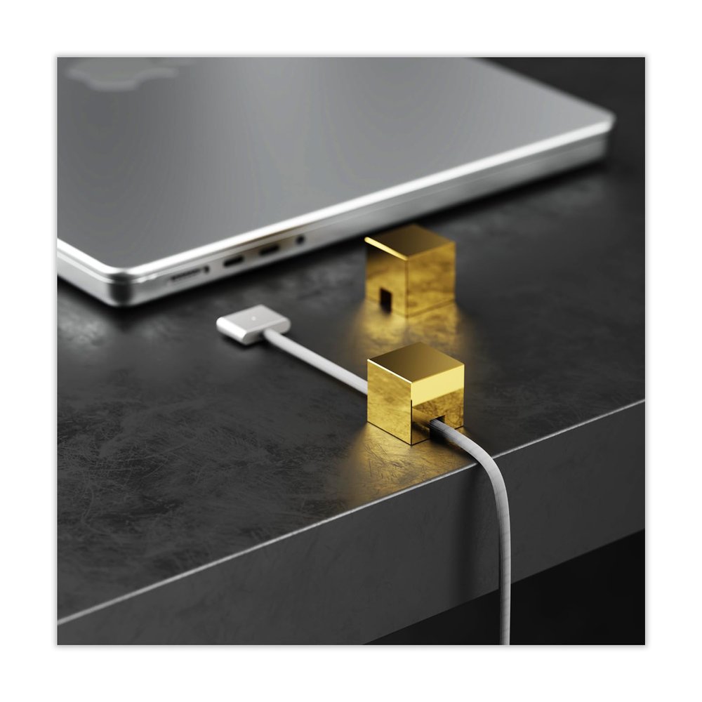 (2 PCS - Gold) Metal Cable Management, Cord Organizer or Holder, Wire Keeper for Lightning, USB-C Charger Cables - N2U Stainless Steel Cube Cord Strap for Nightstand, Desk, Office, Home