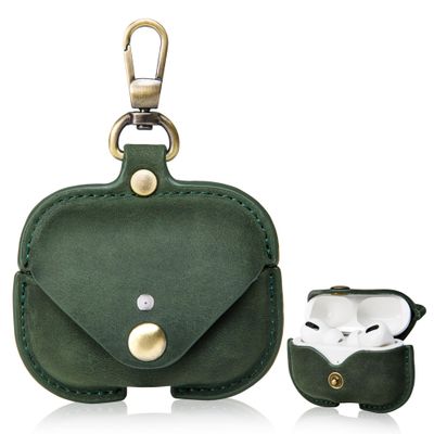 CHULEAG Charging Case Cover for Apple Airpods Pro(2019) & Airpods Pro 2nd(2022). Handcrafted Fully, Crazy Horse Cowhide Leather Vintage. Protective Portable Shockproof Case with Key Chain (Green)