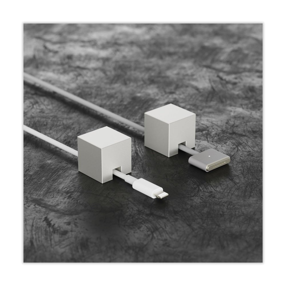 (2 PCS - Silver) Metal Cord Organizer or Holder, Cable Management, Wire Keeper for Nightstand and Desk - N2U Matte Stainless Steel Cube Cord Strap for Lightning, USB-C Charger Cables