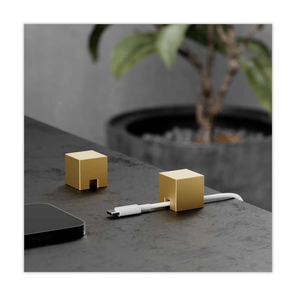 (2 PCS - Gold) Metal Cord Holder, Weighted Cable Organizer or Management, Heavy Wire Keeper for Nightstand, Bedside Table, Desk - N2U Cube Cords Strap for Phone USB-C, Lightning Charger Cables