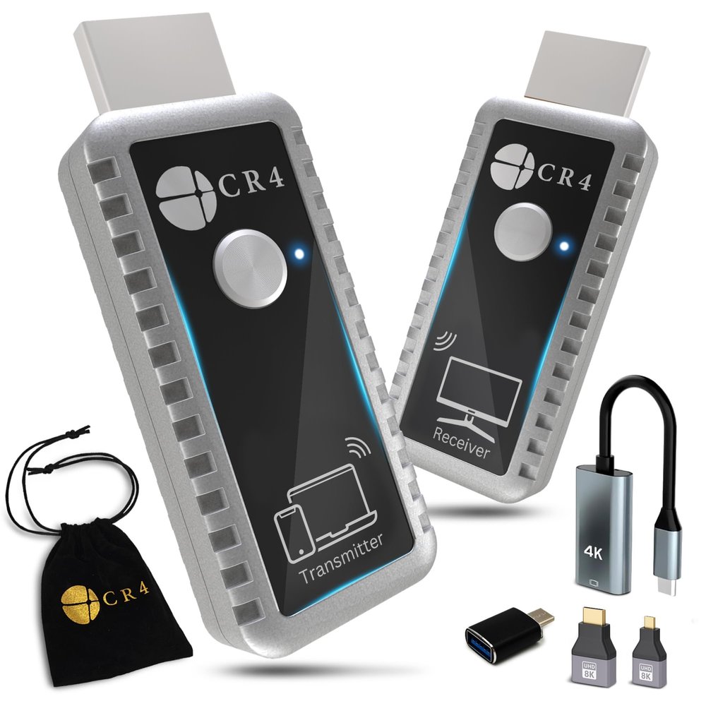 CR4 Wireless HDMI Transmitter and Receiver, Low-Latency 5G, Plug & Play, 4K In/1080P Out, Extender Kit to Stream Video/Audio from PC/Laptop/USB-C Phone (Like iPhone 15 or Newer) to Monitor/TV (Gray)
