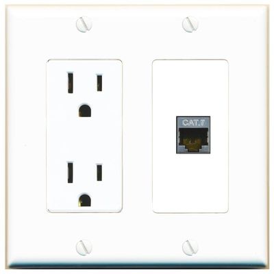 RiteAV 15 Amp Power Outlet and 1 Port CAT7 Decorative Wall Plate [White]