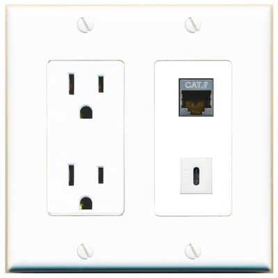 RiteAV 15 Amp Power Outlet and CAT7 USBC Wall Plate Decorative [White]