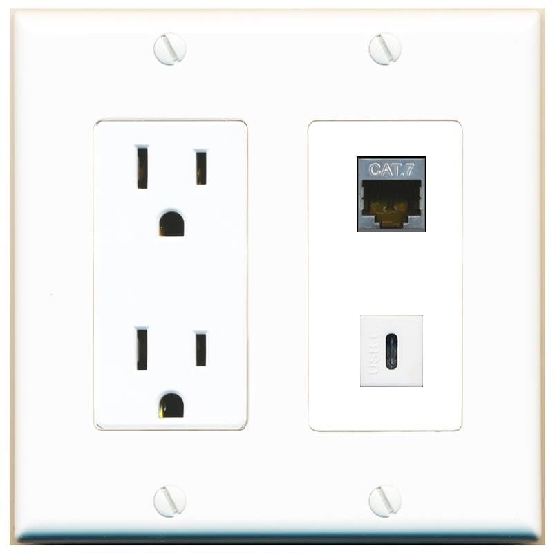 RiteAV 15 Amp Power Outlet and CAT7 USBC Wall Plate Decorative [White]