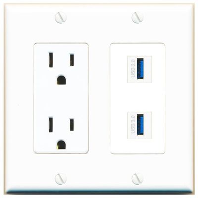 RiteAV 15 Amp Power Outlet and 2 USB-3 Wall Plate Decorative [White]