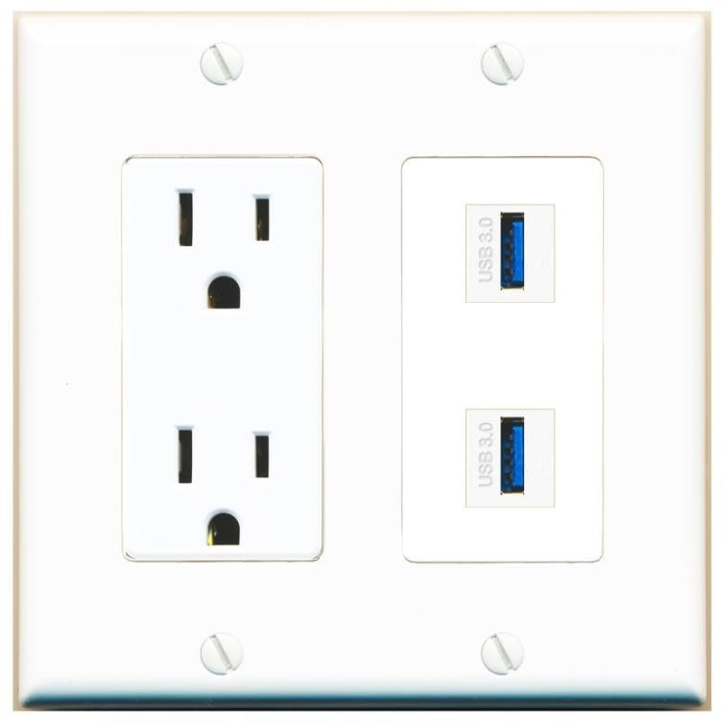 RiteAV 15 Amp Power Outlet and 2 USB-3 Wall Plate Decorative [White]