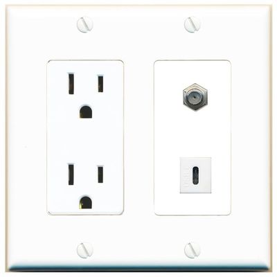 RiteAV 15 Amp Power Outlet and Coax USBC Wall Plate Decorative [White]