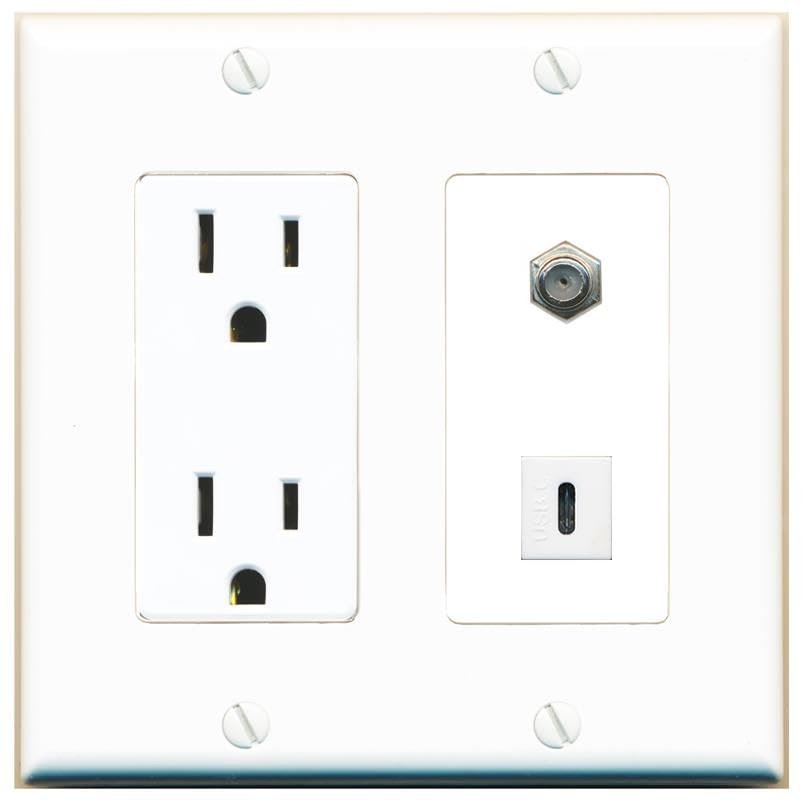 RiteAV 15 Amp Power Outlet and Coax USBC Wall Plate Decorative [White]