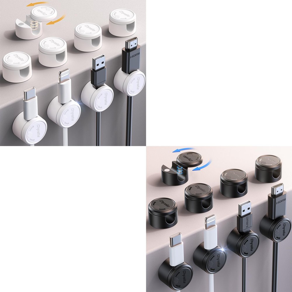 Chfeila 9 Pack Black [360Rotating Twist-Lock] Magnetic Cable Clips & 9 Pack White [360Rotating Twist-Lock] Magnetic Cord Holder