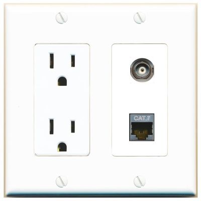 RiteAV 15 Amp Power Outlet and BNC CAT7 Wall Plate Decorative [White]