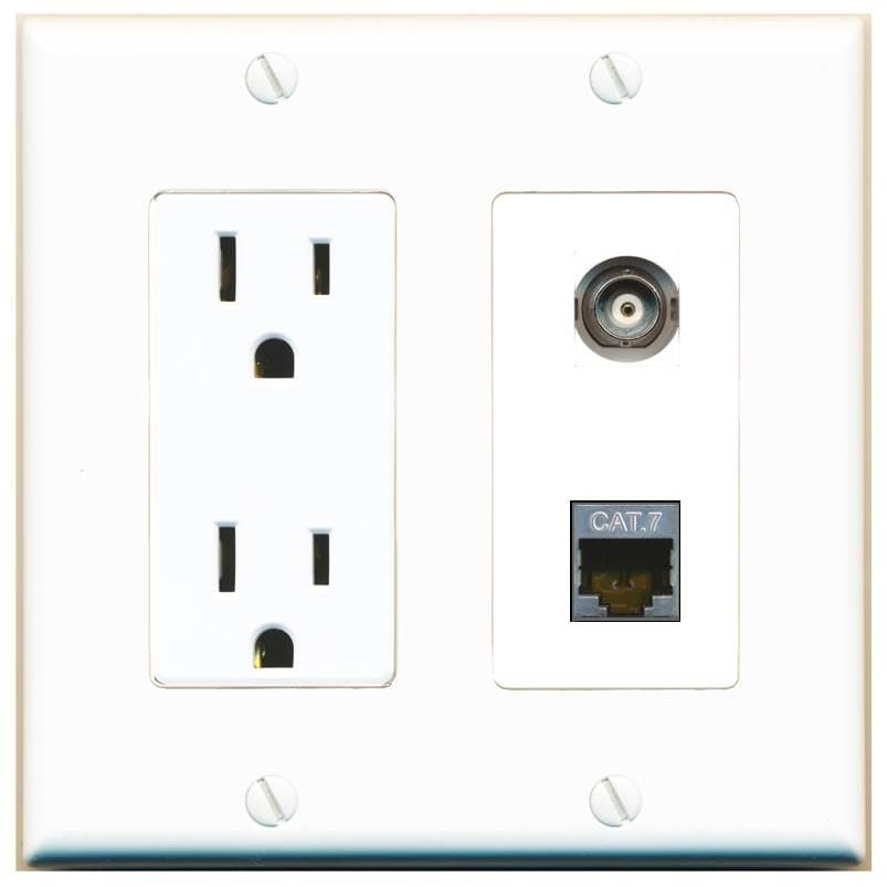 RiteAV 15 Amp Power Outlet and BNC CAT7 Wall Plate Decorative [White]