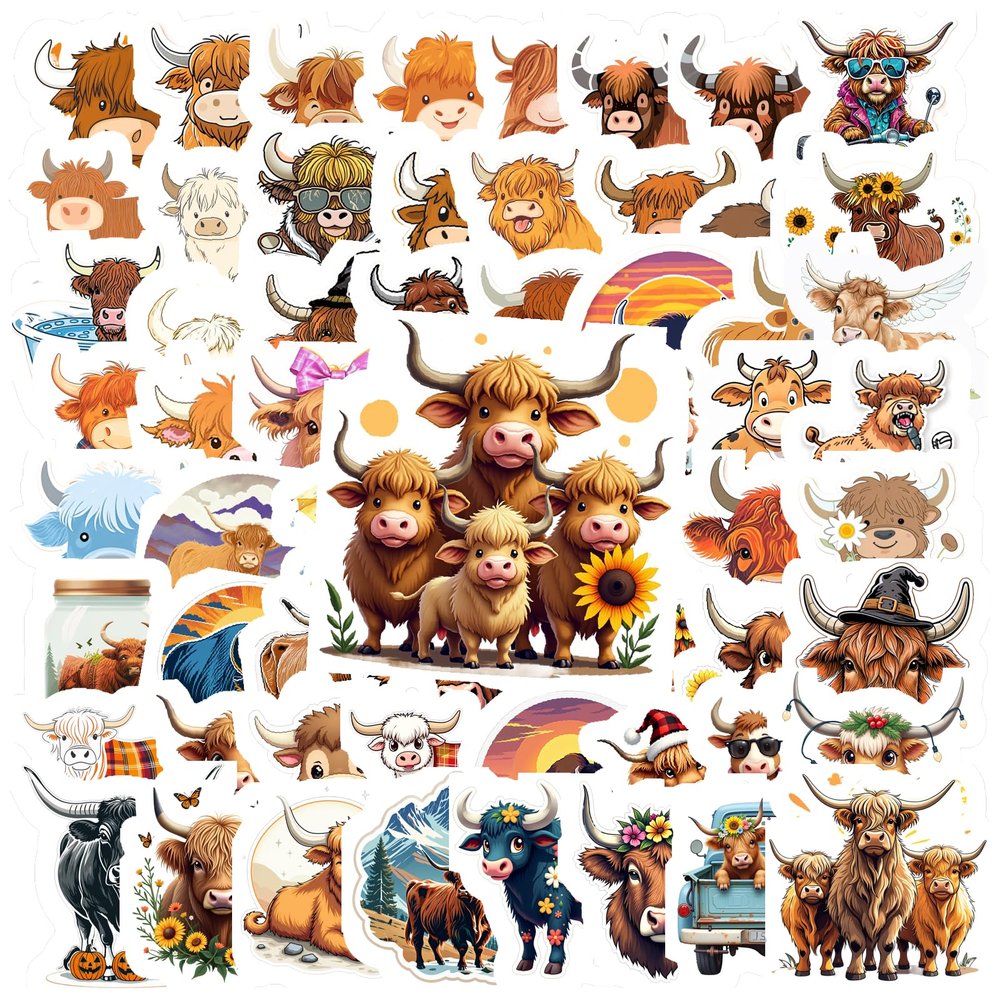 100pcs Cute Highland Cow Stickers for Highland Cow Party Favors, Waterproof Highland Cow Water Bottle Stickers for Water Bottles, Laptops, Kindles, Perfect Highland Cow Gifts for Women Youth Adults