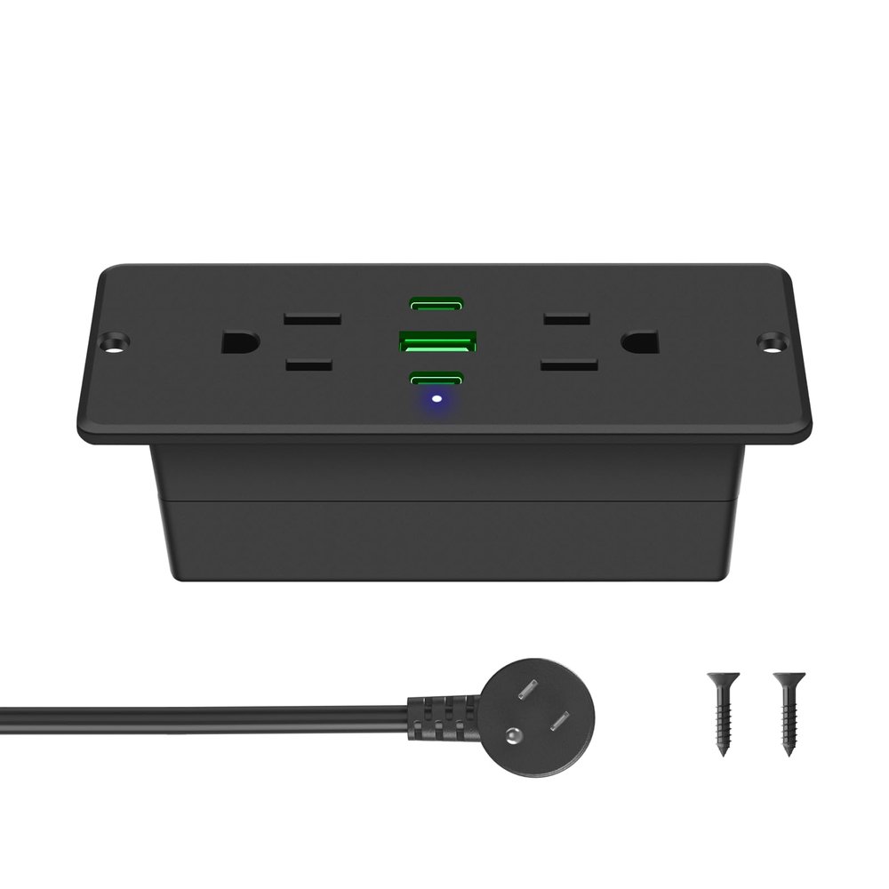 CCCEI Recessed Power Strip with Outlet and 45W USB C Ports, Furniture Flush Mount Power Strip, Small Desk Hidden Outlet for Conference Table, Nightstand, Black, 6FT.