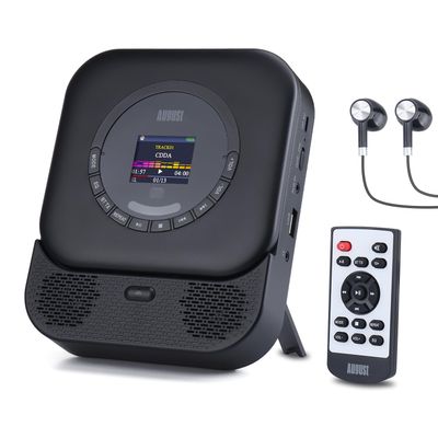 August SE15 Portable CD Player with Bluetooth 5.3, USB Port, 3.5mm AUX In/Out, 6W Stereo Speaker for Home - Rechargeable CD Walkman with EQ, Anti-Skip, Repeat - Wall Mount, Earphones & Remote Included