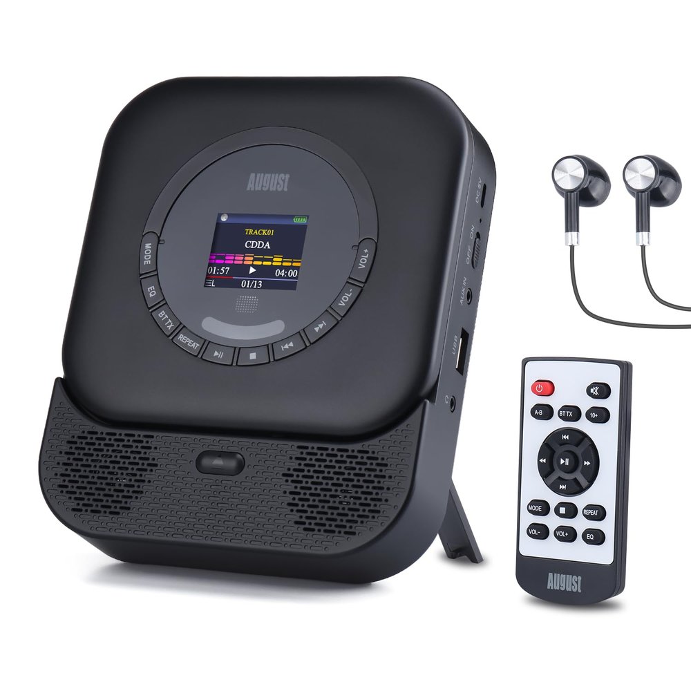 August SE15 Portable CD Player with Bluetooth 5.3, USB Port, 3.5mm AUX In/Out, 6W Stereo Speaker for Home - Rechargeable CD Walkman with EQ, Anti-Skip, Repeat - Wall Mount, Earphones & Remote Included