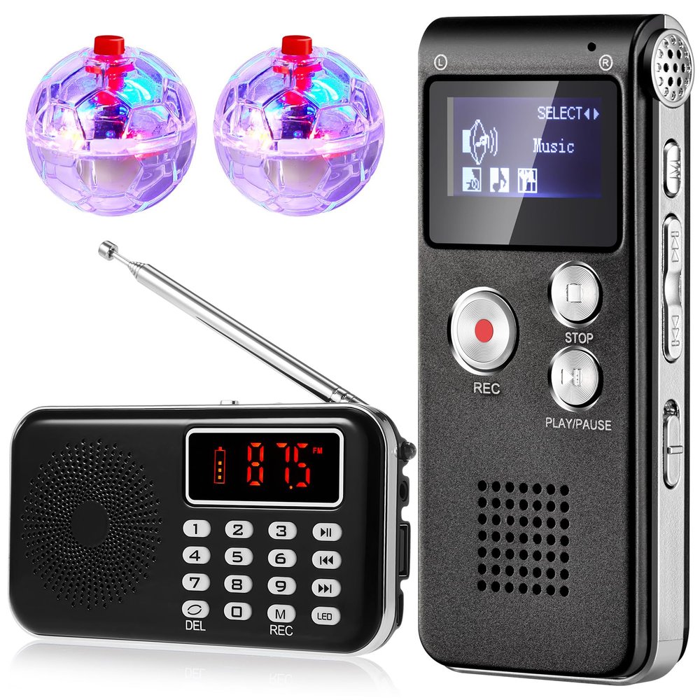 Dunzy 4 Pcs Ghost Hunting Equipment Kit Ghost Spirit Paranormal Enthusiasts Includes Fm Radio 8 Gb Digital EVP Voice Recorders 2 LED Light Cat Ball Novelty Set Recording Gifts for Christmas Halloween