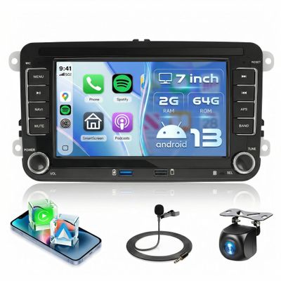 2G+64G for VW Passat Jetta Tiguan Golf MK5 MK6 T5 Polo Car Radio Stereo Android 13 with Wireless Carplay//Android Auto, 7 Inch Touch Screen Two USB, GPS,FM/RDS,SWC,Bluetooth HD Backup Camera