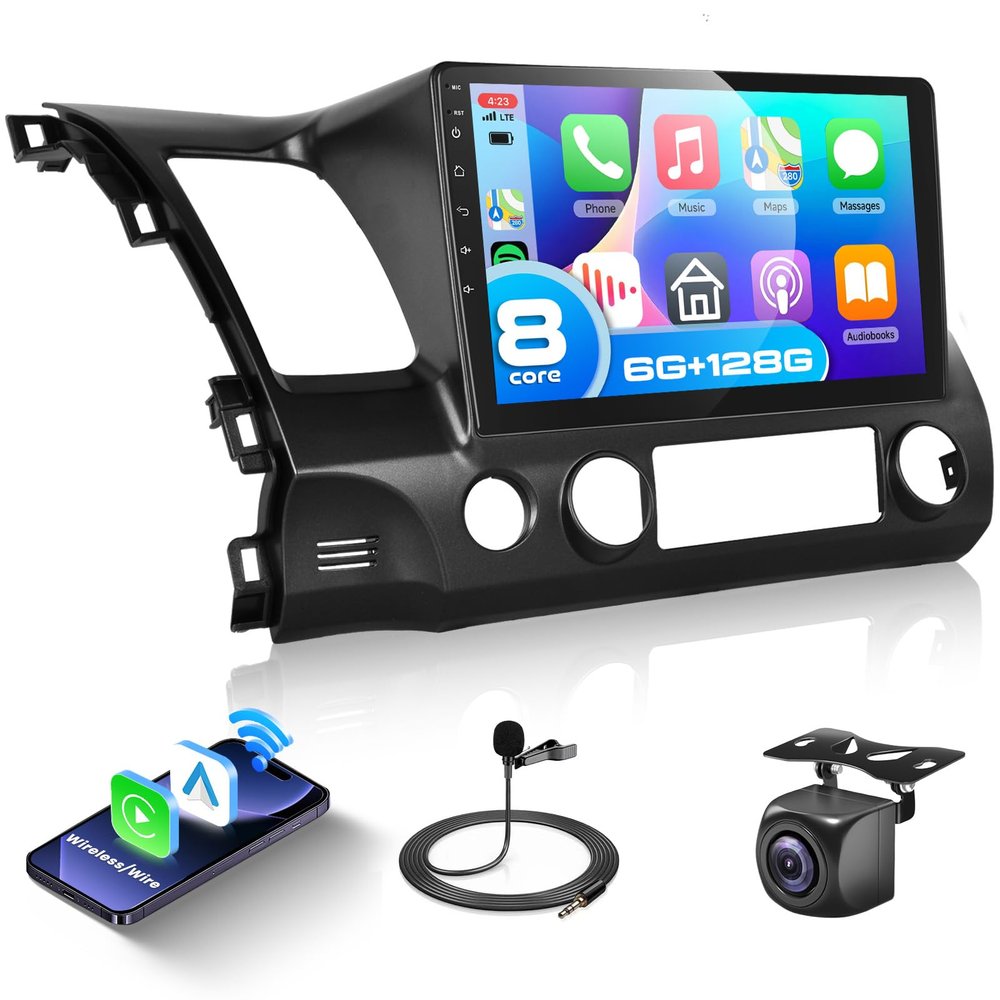 6G+128G 8Core Android 13.0 Car Stereo for Honda Civic 2006-2011 with Wireless Carplay/Android Auto, 10.1 inch 1280 * 720 Touchscreen Radio, WiFi 4G/GPS/AM/FM/DSP Audio/SWC/HD Rear Camera