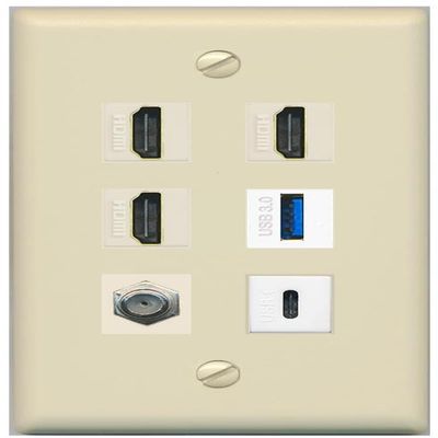 RiteAV 3 HDMI USB3 USBC Coax Wall Plate - Flat Style [Ivory/Ivory]