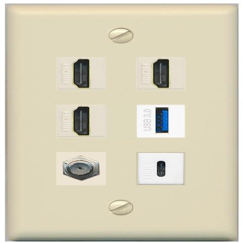 RiteAV 3 HDMI USB3 USBC Coax Wall Plate - Flat Style [Ivory/Ivory]