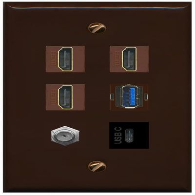 RiteAV 3 HDMI USB3 USBC Coax Wall Plate - Flat Style [Brown/Brown]
