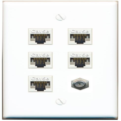 RiteAV 5 Port Cat5e Ethernet and 1 x Coax Wall Plate - Flat Style [White]