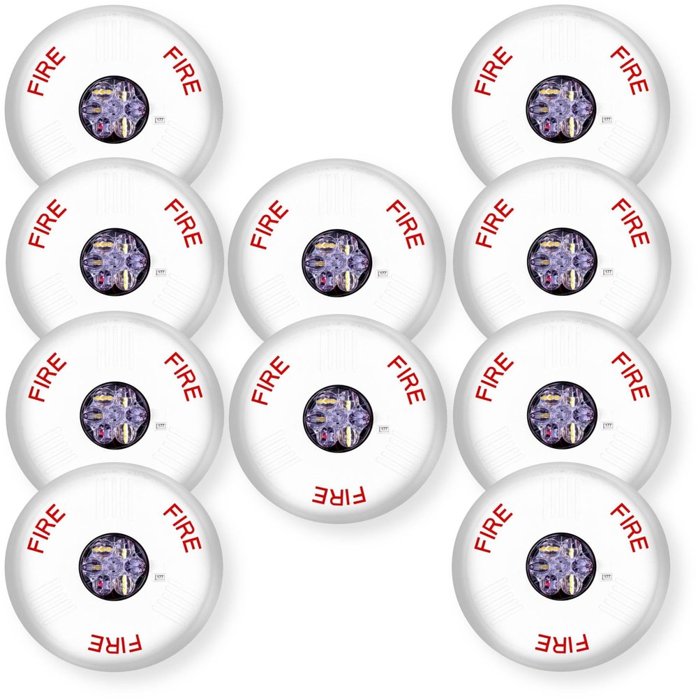 ELSTWC Pack of 10 Lens Strobes, White; Fire Lettering; Clear Lens; LED; Ceiling Mounting; Indoor; 15/30/75/110/150/177 cd; 24V; Low-Profile Design; Mounting Plate Included