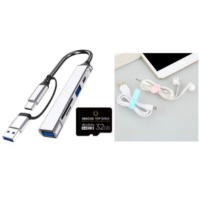 3&1 Bundle Includes 5&1 USB-C, USB 2.0, USB 3.0, Micro-SD, Standard-SD Docking Station with Complementary 32GB Micro-SD Card and 4 EA Silicone Data Cable Ties