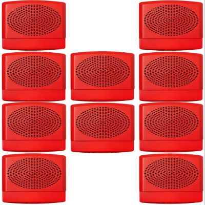 ELSPKR Pack of 10 High-Fidelity Speakers, Red; FIRE Lettering; NO Lens; Wall Mounting; 1/8W Up to 2W (5W 70V), 25 or 70 VRMS Operation; Indoor; Low-Profile Design; Mounting Plate Included