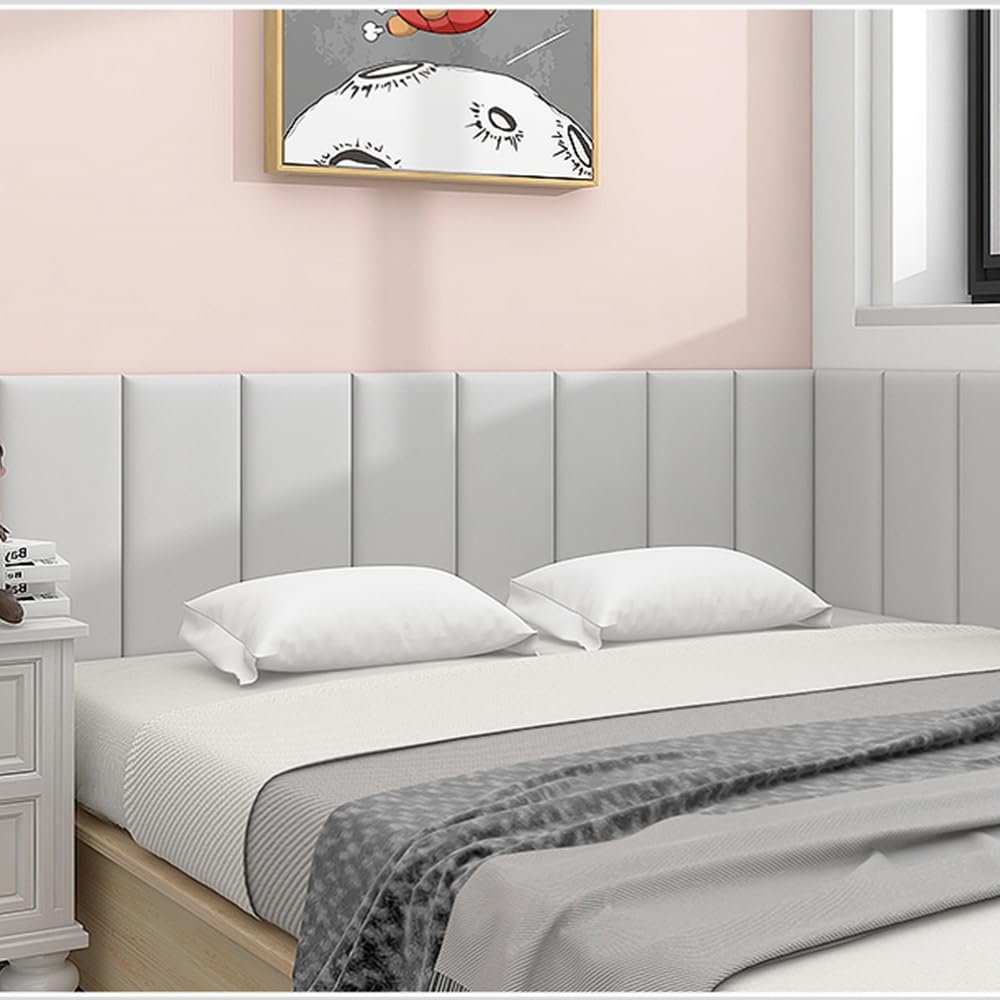 3D Kids Anti-Collision Wall Stickers, Thicken Tatami Nursery Wall Stickers, Peel and Stick Headboard, Upholstered Wall Panels for Bedroom Dojo Play Room,Light Grey,30x60cm 5 PCs