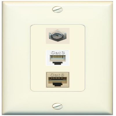 RiteAV 1 Port CAT6 Ethernet Coax Phone Wall Plate - 1 Gang Decorative [Light-Almond]