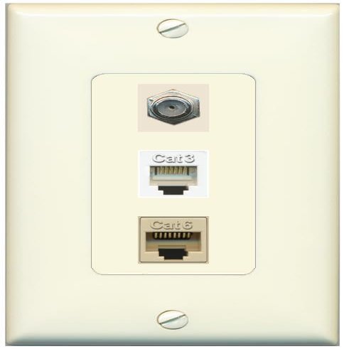RiteAV 1 Port CAT6 Ethernet Coax Phone Wall Plate - 1 Gang Decorative [Light-Almond]