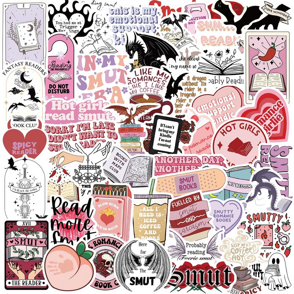 50Pcs Book Stickers for Kindle, Bookish Sticker Pack for Laptop, Ebook Readers Cute Vinyl Decals Water Bottle Girls Holographic Waterproof Romance (Smutty)