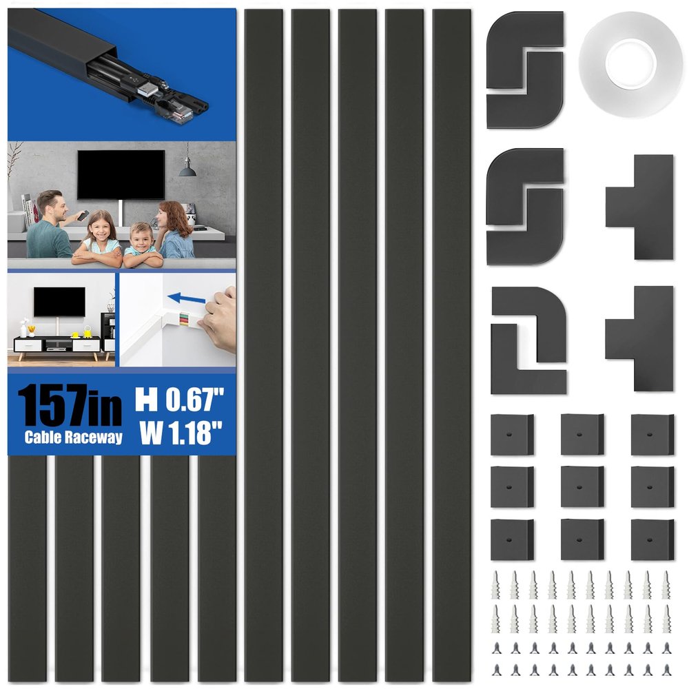 Delamu 157in Cord Hider, Cord Cover Wall Cable Management, Paintable Wire Cover for Cords, Cable Hider Raceway Kit, Cable Cover Concealer, Wire Hiders for TV on Wall, 10 X L15.7 W1.18 H0.6in, Black