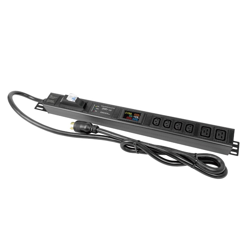 Multi Metered-Breaker-Surge Protection PDU, 240V, L6-30P, 30A, 7200watts, (4) C13 & (2) C19 Outlets, Crypto Mining, Data Center,1U Rack, IT Networking with LCD Multimeter, Power Distrubution Unit