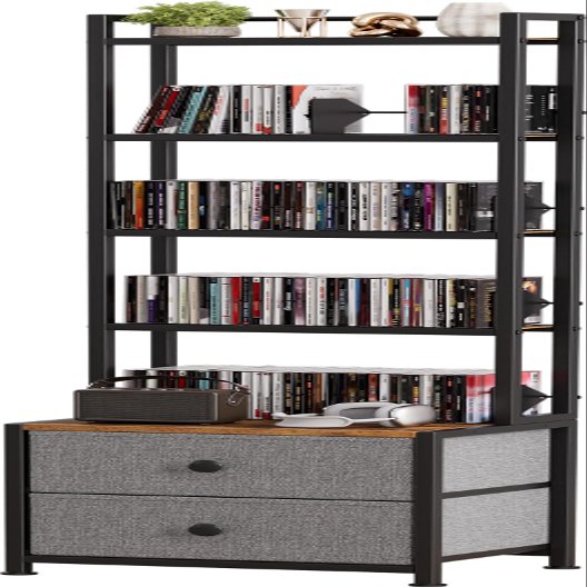 Epouseter CD Storage Rack with Drawer, 5-Tier DVD Organizer Shelf w/Adjustable Book Stoppers, Media Storage Rack for CD/DVD, Books & Games, Ideal for Living Room & Home Office  15.7x11.8x56.5Inches