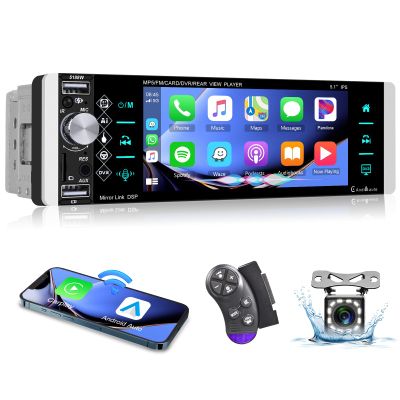 5.1 Inch Single Din Touchscreen Radio with Wireless Carplay/Android Auto, Bluetooth, Mirror Link, Single Din Car Stereo Supports FM/AM/RDS Radio, EQ, SWC, USB/Fast Charging+ Backup Camera