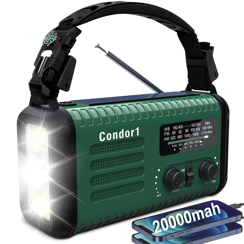20000mAh Emergency Weather Radio, NOAA AM FM Solar Hand Crank Radio, Cell Phone Charger, SOS Alarm, Flashlight & LED Reading Lamp for Hurricane Outdoor Survival (Green)
