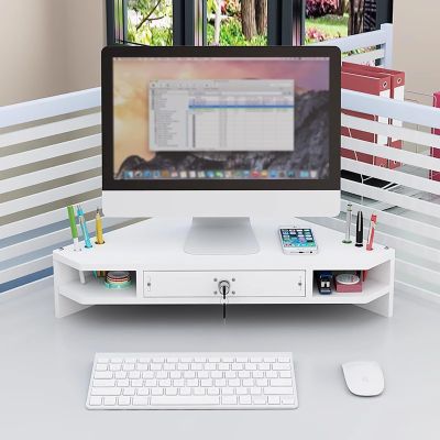 Elitix Corner Monitor Stand Lifting Computer Monitor Stand with Lock & Key, Monitor Stand Riser Desk Organizer with Drawers, Notebook Laptop Corner Stand for Organize(White)
