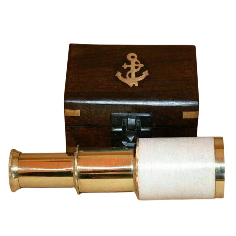 Nautical Brass 6" Telescope White Leather Grip Telescope with Wooden Box Handmade